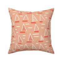 Large Scale Abstract Ivory and Coral Orange Sailboats on Pastel Salmon with Ivory Waves Faux Texture