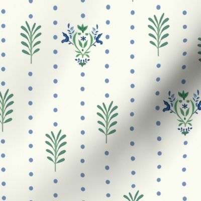 Dotted Vines and Leaves – Blue Dots on Cream Wallpaper – New 
