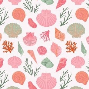 Sea Shells by the Seashore - Rhythm of the Tides - Coral, Green, Pink, Shells, Seashells, Ocean, Coastal