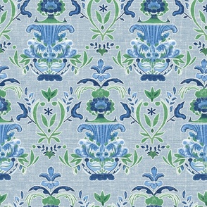 Sarah's Petal Damask – Blue Grasscloth-Linen Wallpaper - New 