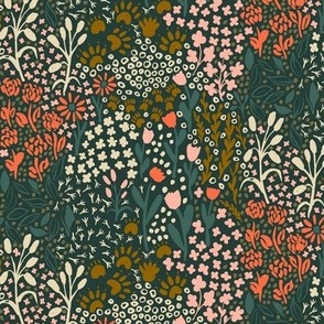 Hand Drawn Woodland Wildflowers | Medium Version | Arts and Crafts Style Pattern of Blooms  in Pinks, Yellows and Greens