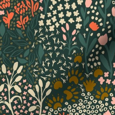 Hand Drawn Woodland Wildflowers | Large Version | Arts and Crafts Style Pattern of Blooms  in Pinks, Yellows and Greens