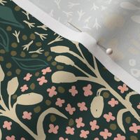 Hand Drawn Woodland Wildflowers | Large Version | Arts and Crafts Style Pattern of Blooms  in Pinks, Yellows and Greens