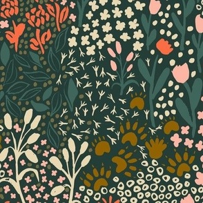 Hand Drawn Woodland Wildflowers | Large Version | Arts and Crafts Style Pattern of Blooms  in Pinks, Yellows and Greens