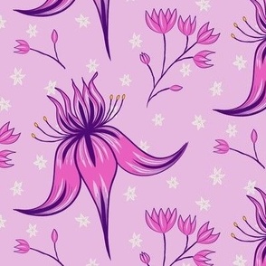 Lotus Tulips and Daisies half drop repeat Pink and Purple 