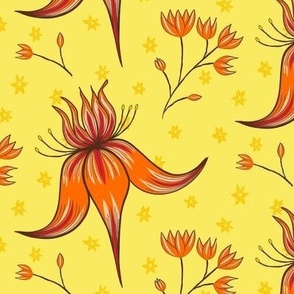 Lotus Tulips and Daisies half drop repeat pattern Orange and Yellow