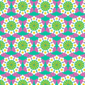 geometric flower kaleidoscope in green, pink, yellow