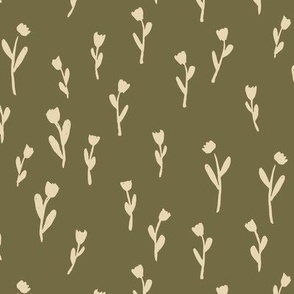 Hand Drawn Wild Woodland Tulips on Sage Green | Large Version | Arts and Crafts Style Pattern of Scattered Blooms