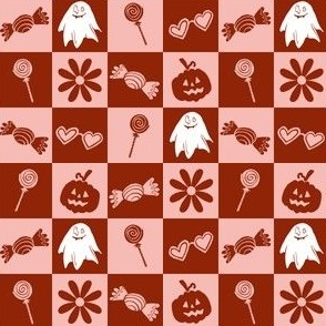 Retro Halloween Checks - A spooky checkered design featuring Ghosts, Candy,  Lollys, Retro Flowers