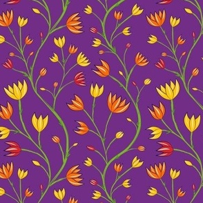 Trailing floral tulips pattern orange and yellow tulips on purple background