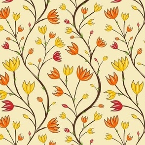 Trailing floral tulips pattern orange and yellow tulips on cream background