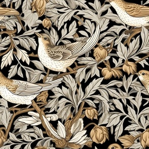 Nite Song - Cream/Gold/Gray on Black  Wallpaper - New