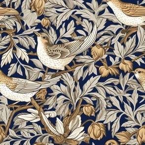 Nite Song - Cream/Gold/Gray on Navy Wallpaper - New for