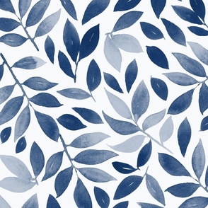 Watercolor Leaves Navy Blue on White