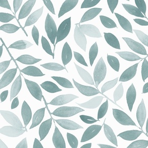 Watercolor Leaves Teal Grey on White