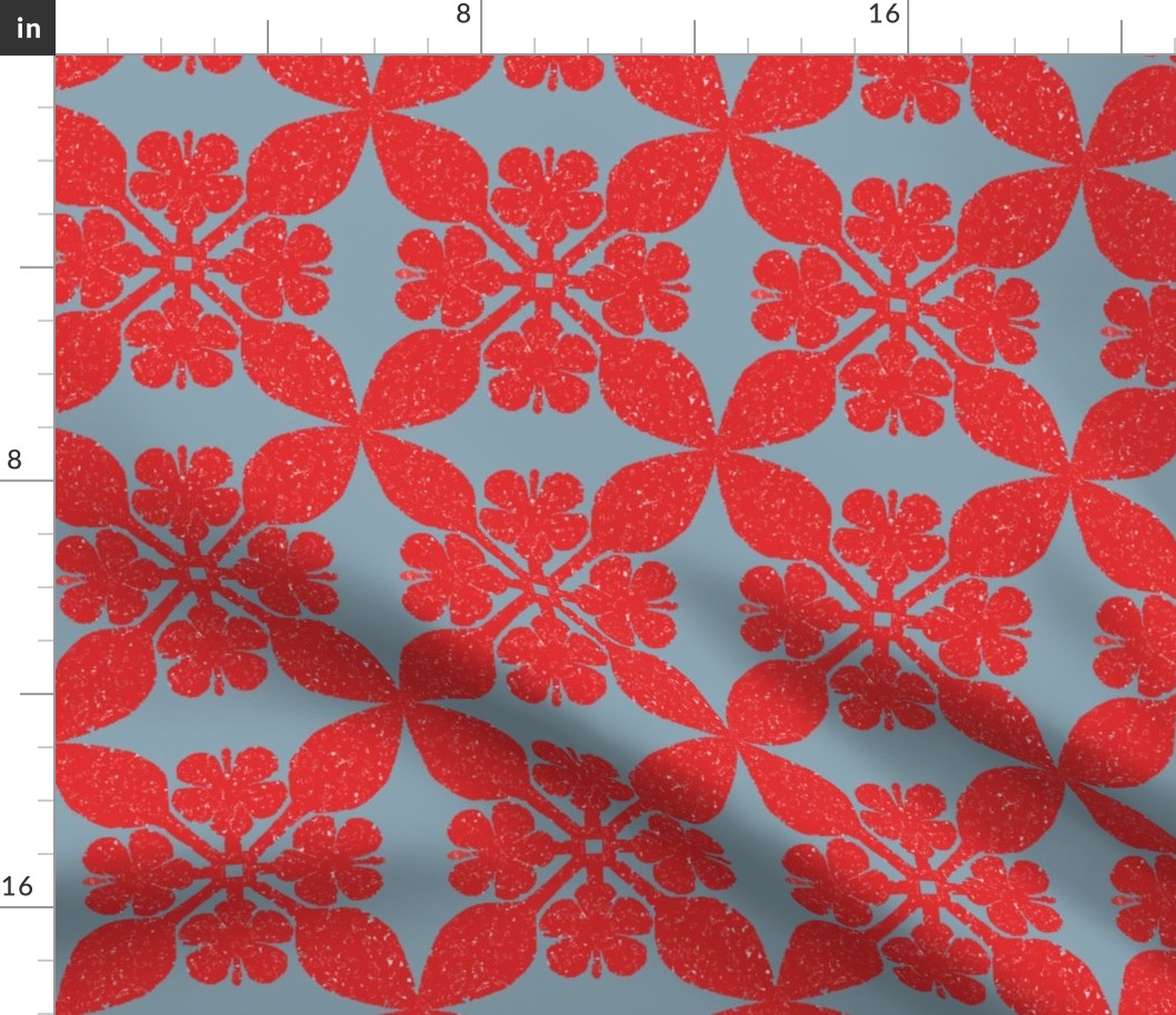 Hibiscus Quilt - French blue and red, coordinate to red bison bedding