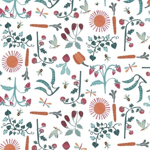 Sunny Cottage Veggie and Fruit Garden // Orange, Pink, and Teal on White Background