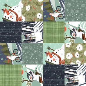 Snow Day Snowman Cheater Quilt (Blue/Green) **ROTATED**