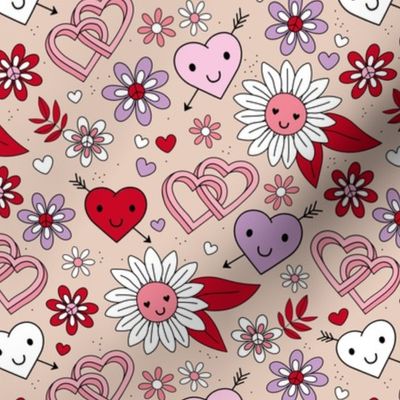 Cutesy retro love Valentine's Day design - cupid hearts love rings and flowers vintage boho lilac purple pink red on sand beige 