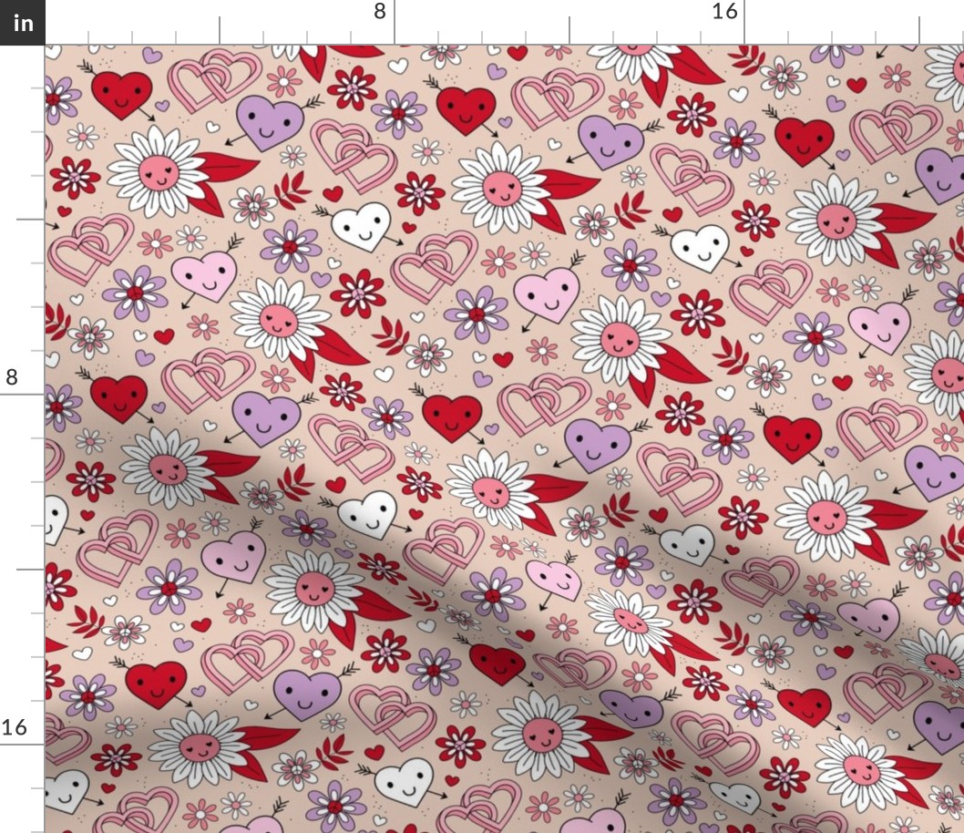 Cutesy retro love Valentine's Day design - cupid hearts love rings and flowers vintage boho lilac purple pink red on sand beige 