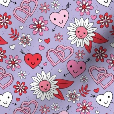 Cutesy retro love Valentine's Day design - cupid hearts love rings and flowers vintage boho bright red pink blush on lilac purple 