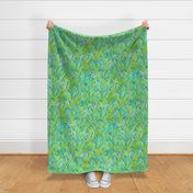 393 - Large scale abstract zesty lime green, emerald green and cobalt blue watercolour reeds, for curtains, duvet covers, table cloths and apparel.