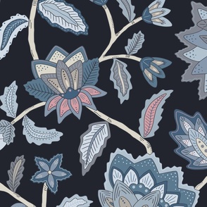 Night moody indian floral on dark blue background - bohemian chintz blue and gray – large scale for bedding and curtains