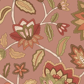 Graphic modern indian floral on blush background - bohemian chintz ochre, green and maroon – large scale for bedding and curtains