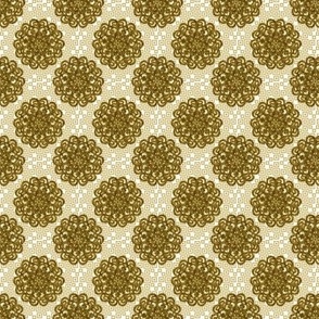 CCFN3 - Stylized Sunflower Mandala on Hollow Nesting  Checks in Olive green and Gold - 2 inch repeat