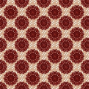 CCFN4 - Autumn Floral Abstract Mandala on Hollow Nesting Checks  -  Rusty Red  and White - 2 inch repeat
