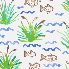 394 - $ Large scale watercolor lakeside life collection with reeds, fish, waves, dragonflies in cobalt blue, warm brown, chartreuse, teal, green - for kids apparel, children decor, nursery accessories 