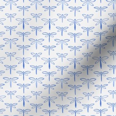 395 - Small scale lakeside watercolour monochromatic cobalt blue life dragonflies in stripe formation, for kids apparel and pajamas, nursery wallpaper, summer house curtains, beach house decor.