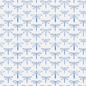 395 - Small scale lakeside watercolour monochromatic cobalt blue life dragonflies in stripe formation, for kids apparel and pajamas, nursery wallpaper, summer house curtains, beach house decor.