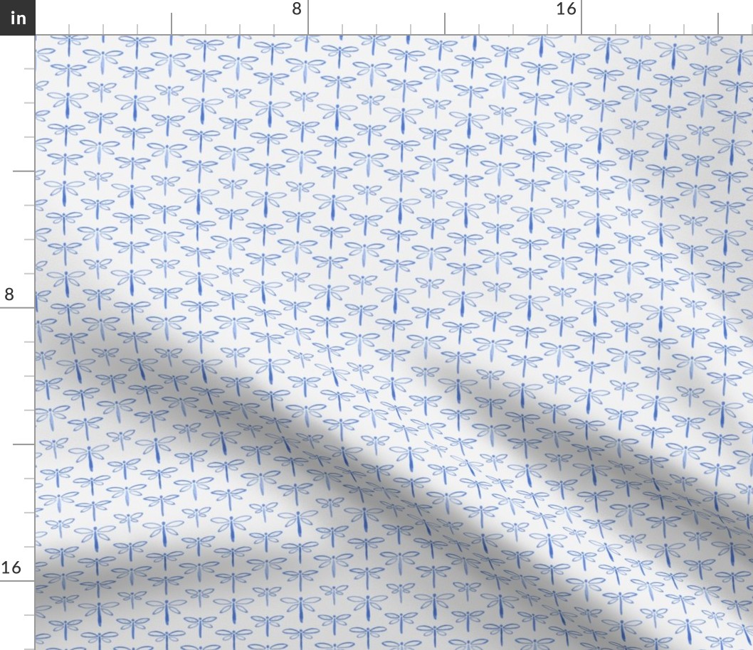 395 - Small scale lakeside watercolour monochromatic cobalt blue life dragonflies in stripe formation, for kids apparel and pajamas, nursery wallpaper, summer house curtains, beach house decor.