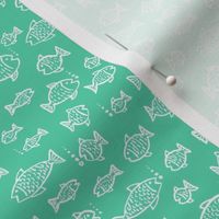 396 - Small scale  watercolour monochromatic mint green hand painted fish and bubbles, for summer house duvet covers, sheets sets, wallpaper, table cloths, table runners, pillows, throws and kids apparel 