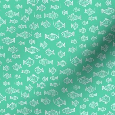 396 - Small scale  watercolour monochromatic mint green hand painted fish and bubbles, for summer house duvet covers, sheets sets, wallpaper, table cloths, table runners, pillows, throws and kids apparel 