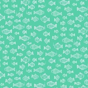 396 - Small scale  watercolour monochromatic mint green hand painted fish and bubbles, for summer house duvet covers, sheets sets, wallpaper, table cloths, table runners, pillows, throws and kids apparel 