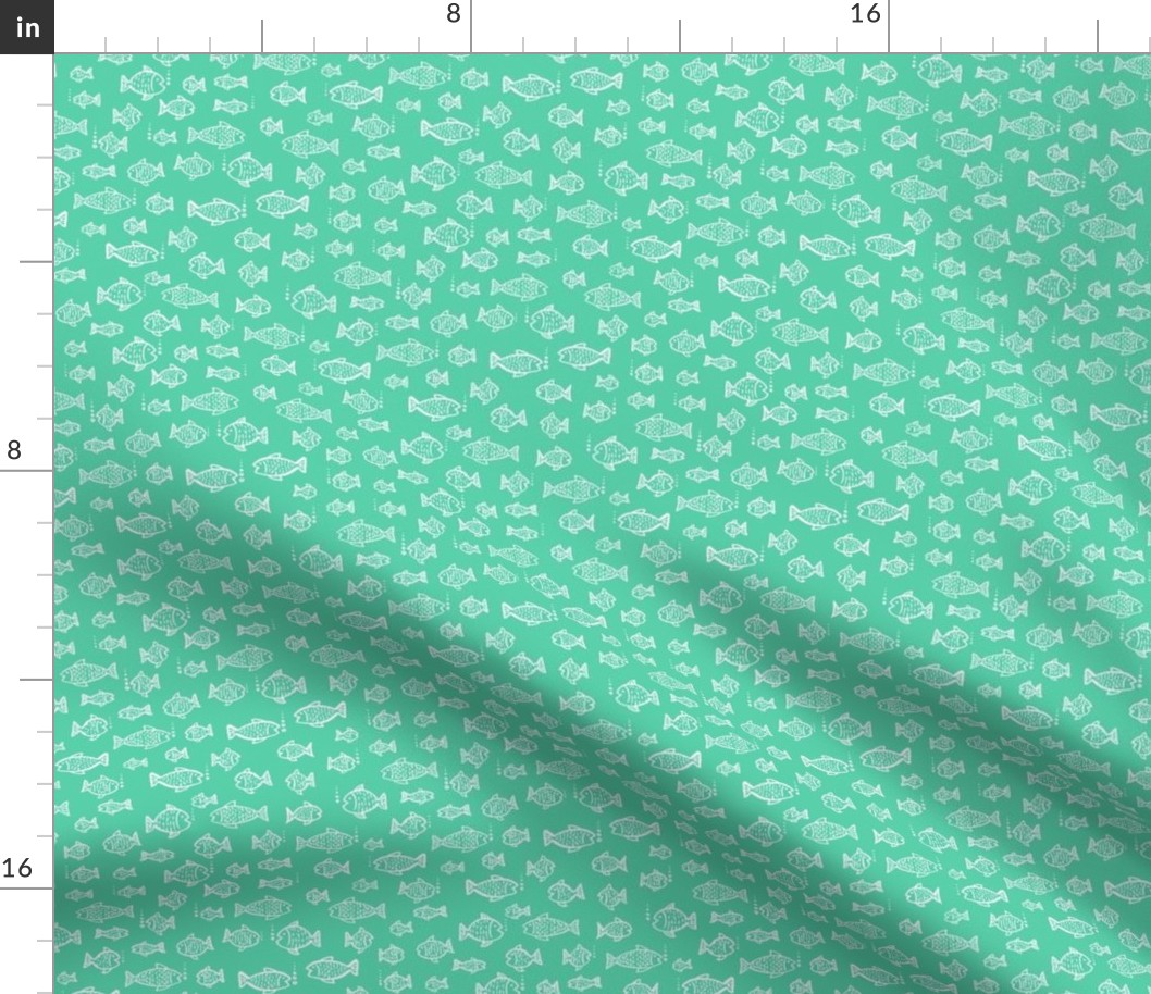 396 - Small scale  watercolour monochromatic mint green hand painted fish and bubbles, for summer house duvet covers, sheets sets, wallpaper, table cloths, table runners, pillows, throws and kids apparel 