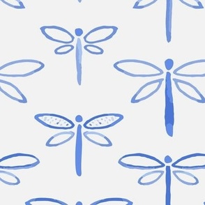 395 - Large scale watercolor cobalt blue monochrome  lakeside life dragonflies in stripe formation, for kids apparel and pajamas, nursery wallpaper, summer house curtains, beach house decor.