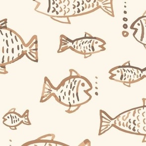 396 $ - Large scale  watercolour monochromatic coffee taupe and cream hand painted fish and bubbles, for summer house duvet covers, sheets sets, wallpaper, table cloths, table runners, pillows, throws and kids apparel 