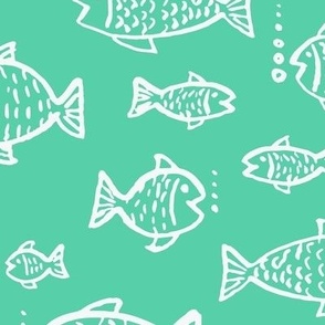 396 - Large scale  watercolour monochromatic mint green hand painted fish and bubbles, for summer house duvet covers, sheets sets, wallpaper, table cloths, table runners, pillows, throws and kids apparel 