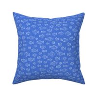 396 - Small scale  watercolour monochromatic mid royal blue hand painted fish and bubbles, for summer house duvet covers, sheets sets, wallpaper, table cloths, table runners, pillows, throws and kids apparel 