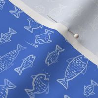 396 - Small scale  watercolour monochromatic mid royal blue hand painted fish and bubbles, for summer house duvet covers, sheets sets, wallpaper, table cloths, table runners, pillows, throws and kids apparel 