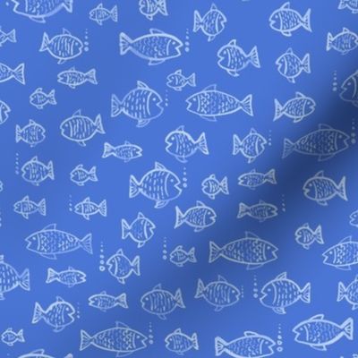 396 - Small scale  watercolour monochromatic mid royal blue hand painted fish and bubbles, for summer house duvet covers, sheets sets, wallpaper, table cloths, table runners, pillows, throws and kids apparel 