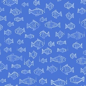 396 - Small scale  watercolour monochromatic mid royal blue hand painted fish and bubbles, for summer house duvet covers, sheets sets, wallpaper, table cloths, table runners, pillows, throws and kids apparel 