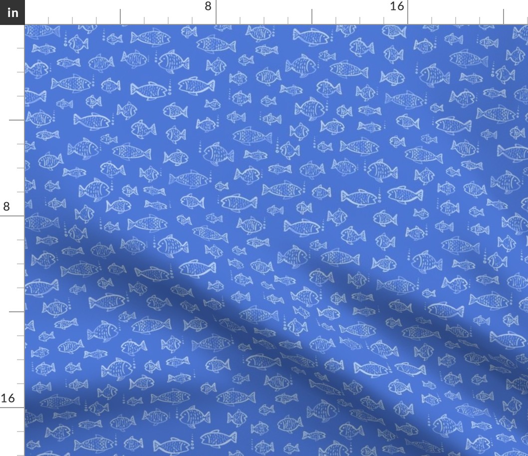 396 - Small scale  watercolour monochromatic mid royal blue hand painted fish and bubbles, for summer house duvet covers, sheets sets, wallpaper, table cloths, table runners, pillows, throws and kids apparel 