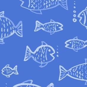 396 -  Large scale  watercolour monochromatic mid royal blue hand painted fish and bubbles, for summer house duvet covers, sheets sets, wallpaper, table cloths, table runners, pillows, throws and kids apparel 