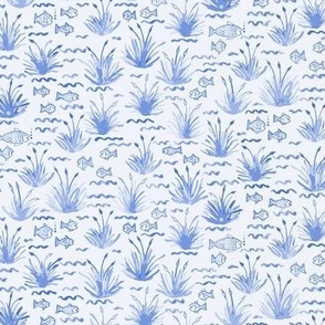 394 - Small scale watercolor lakeside life collection with reeds, fish, waves, dragonflies in monochromatic  cobalt blue - for kids apparel, children decor, nursery accessories 