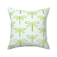 395 - Large scale lime green watercolor lakeside life dragonflies in stripe formation, for kids apparel and pajamas,  for duvet covers, sheets sets, wallpaper, table cloths, table runners, pillows, throws and kids apparel 