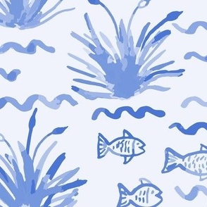 394 $ - Jumbo scale watercolor lakeside life collection with reeds, fish, waves, dragonflies in monochromatic  cobalt blue - for kids apparel, children decor, nursery accessories 